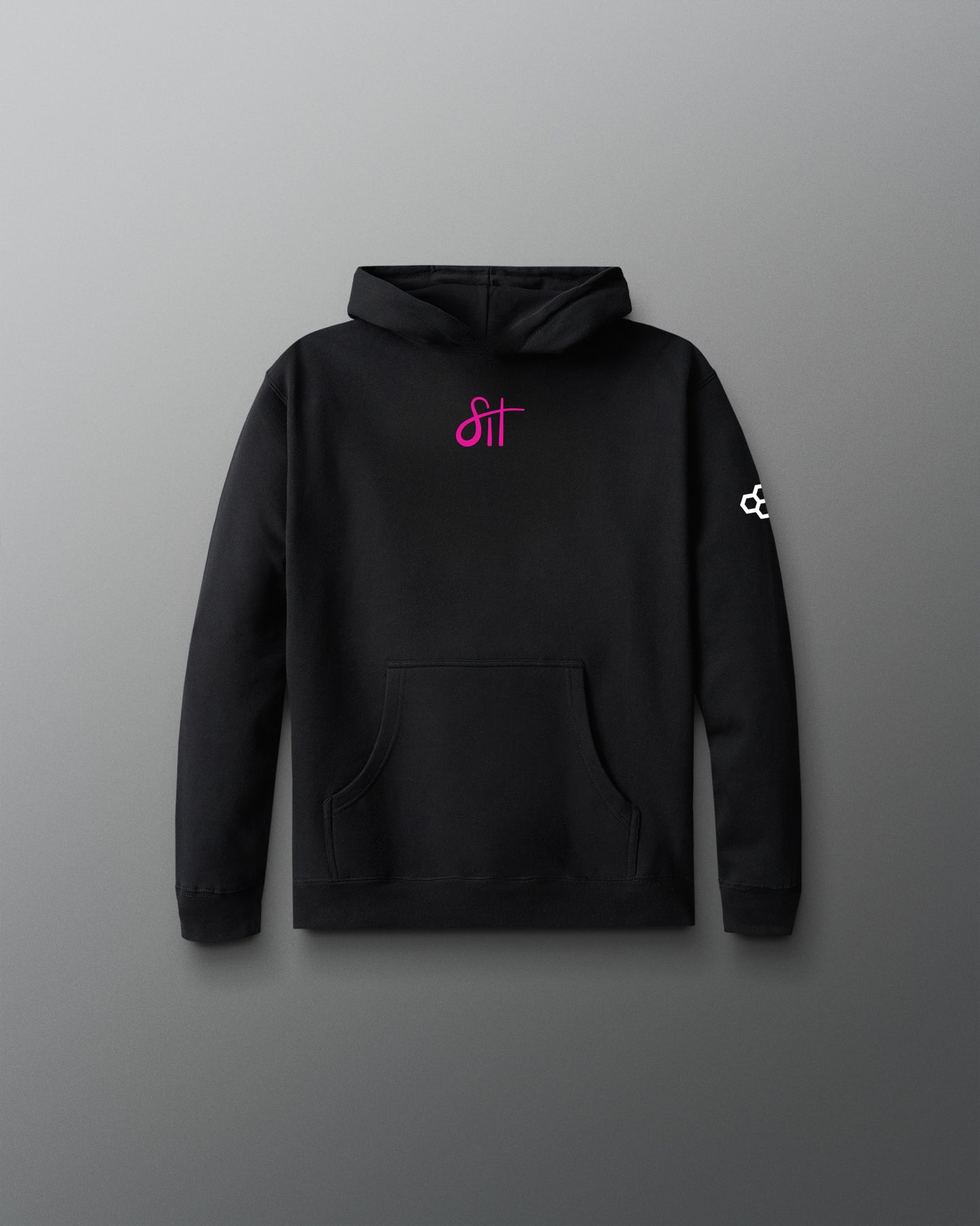 Black hoodie with pink logo on a gray background