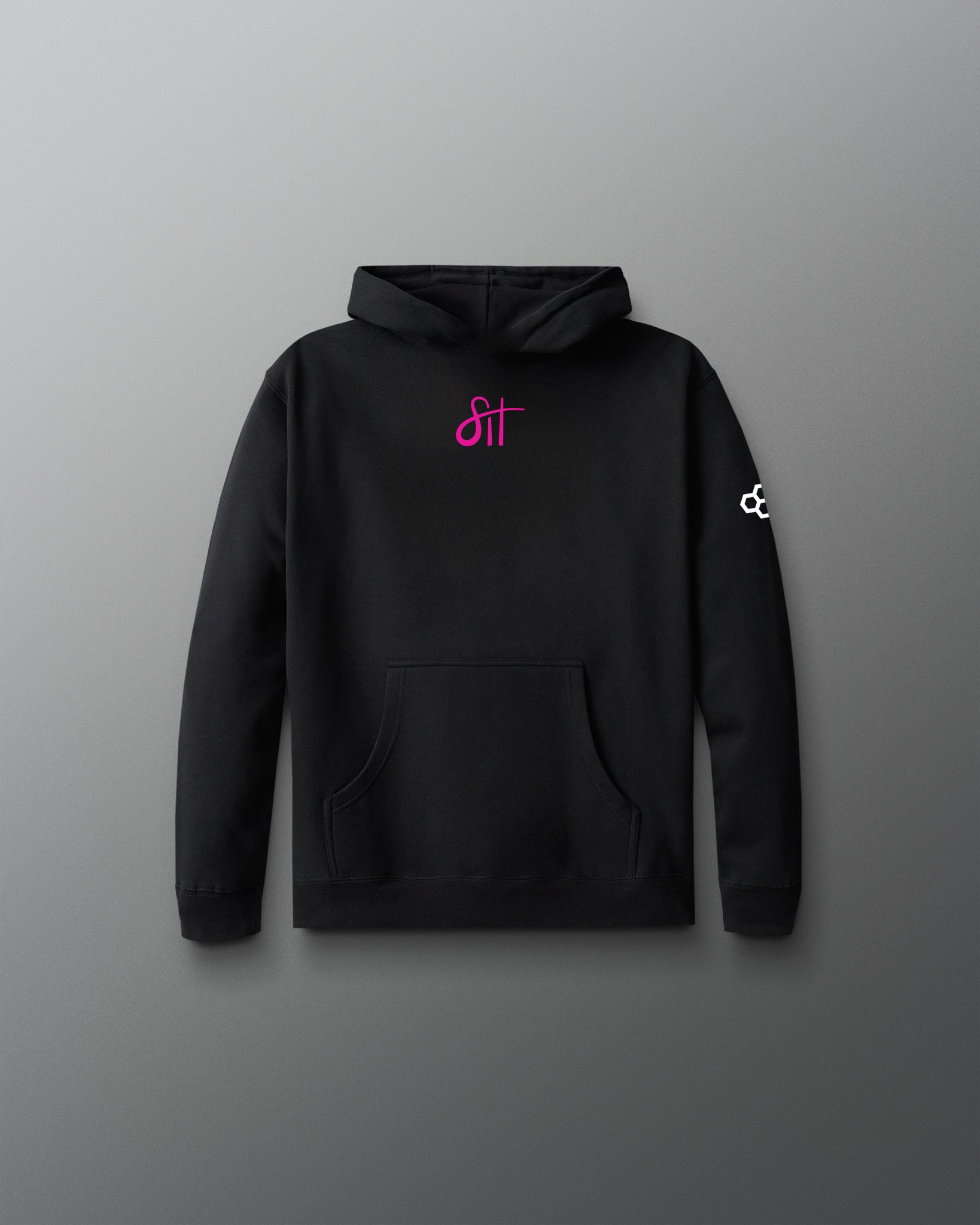 Black hoodie with pink logo on a gray background