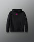 Black hoodie with pink logo on a gray background
