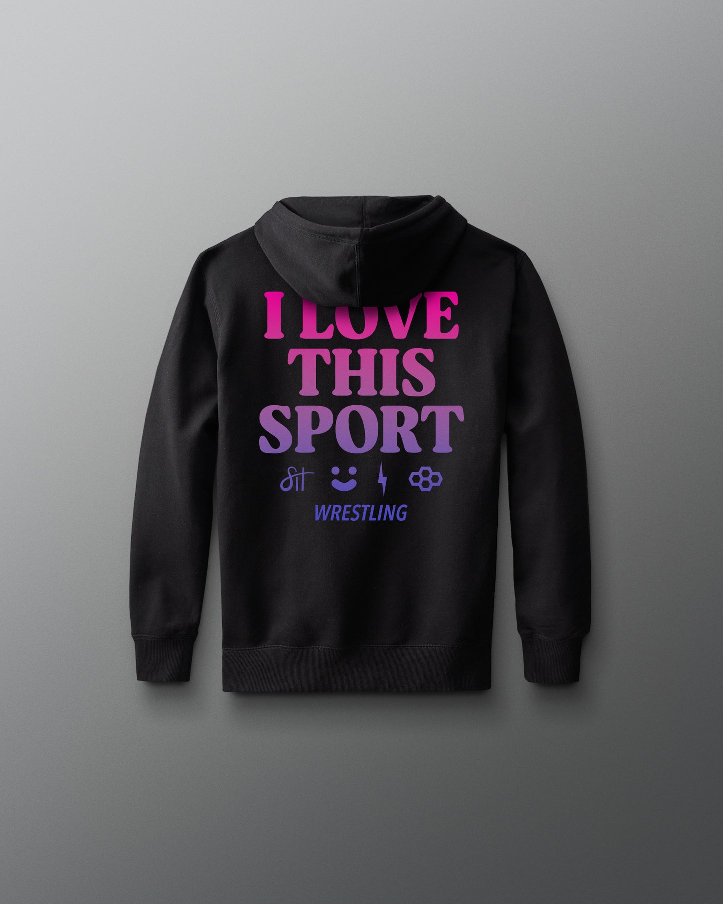 Black hoodie with pink and purple text on a gray background