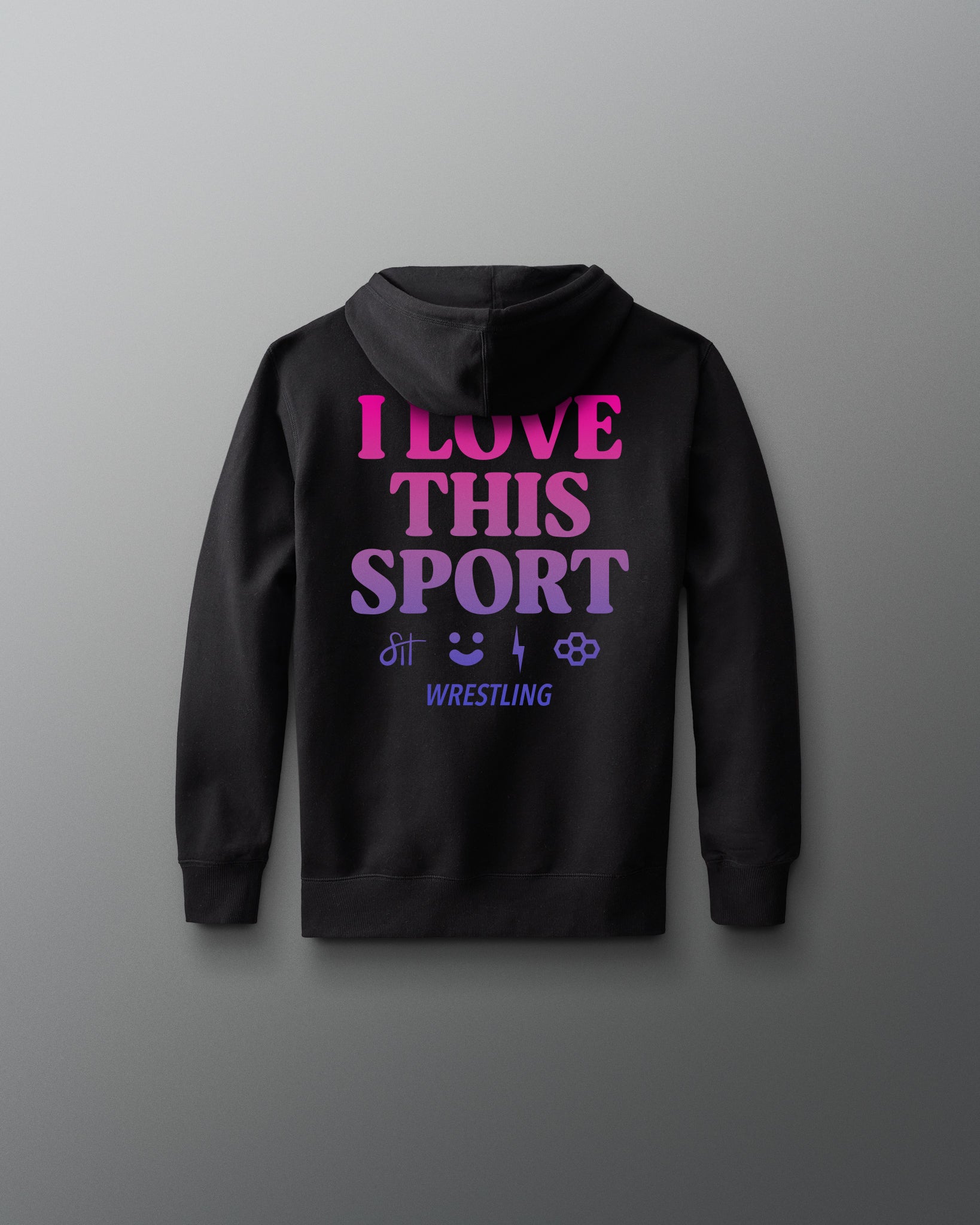 Black hoodie with pink and purple text on a gray background