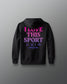 Black hoodie with pink and purple text on a gray background