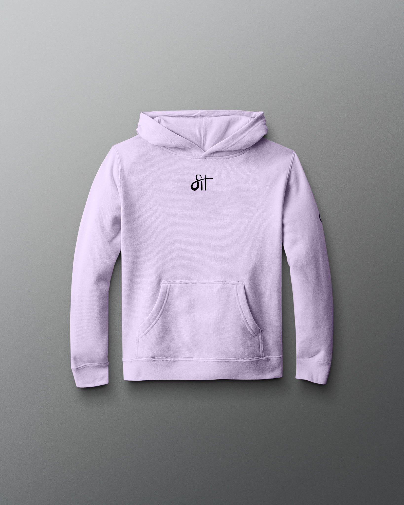 Lavender hoodie with a logo on the chest against a gray background