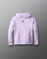 Lavender hoodie with a logo on the chest against a gray background