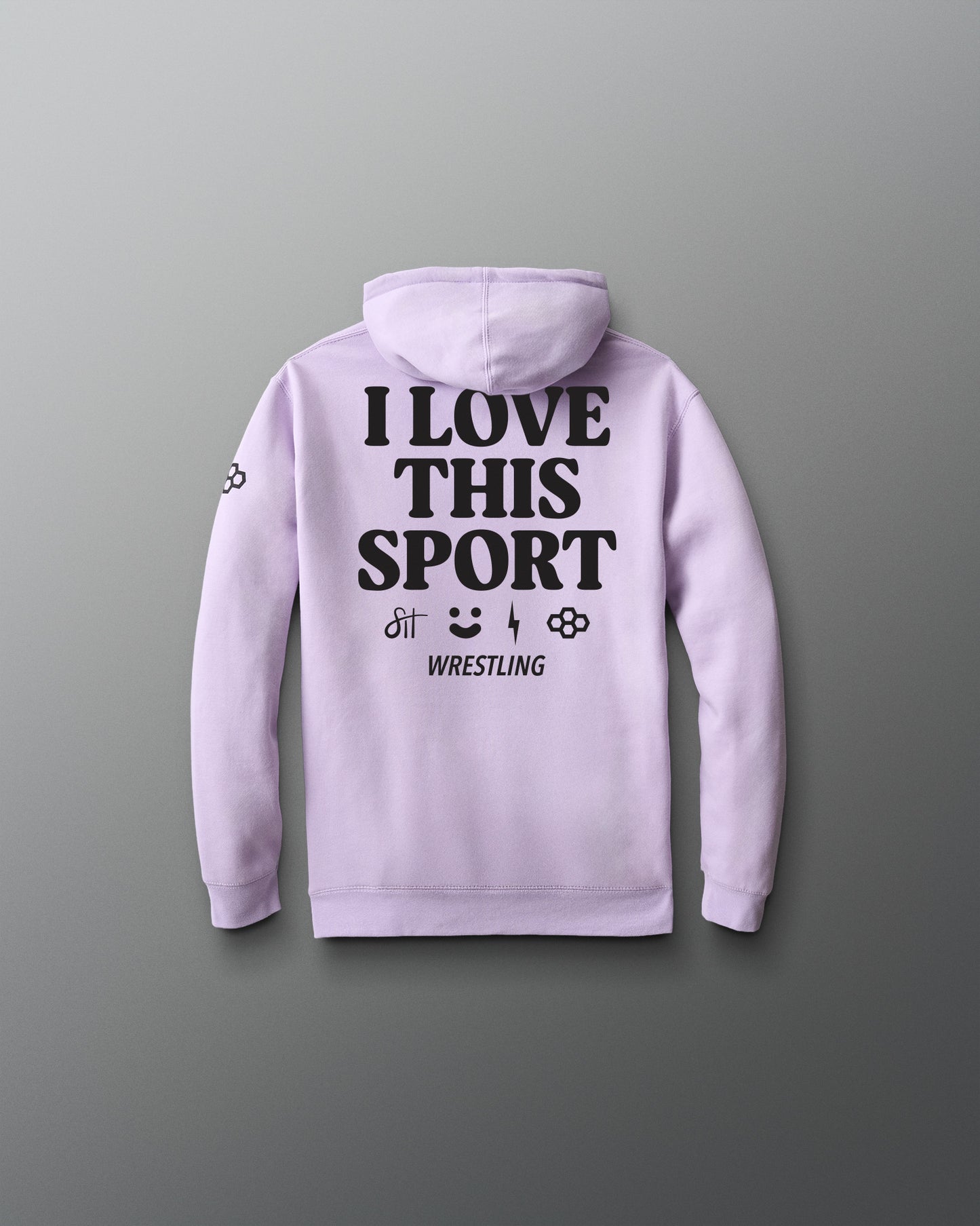 Light purple hoodie with 'I Love This Sport' text on the back against a gray background