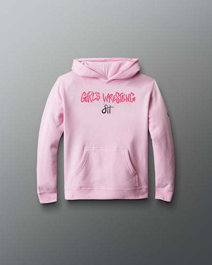 Pink hoodie with 'Girl's Wrestling' text on a gray background