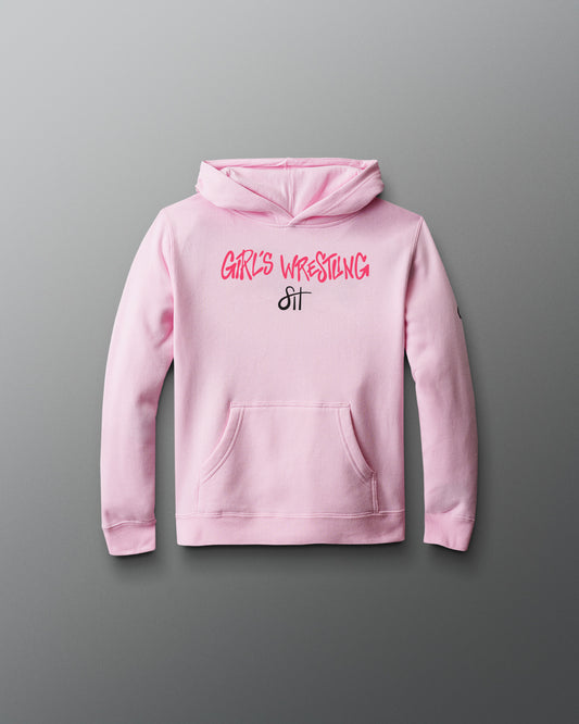 Pink hoodie with 'Girl's Wrestling' text on a gray background