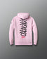 Pink hoodie with black and red text on the back against a gray background