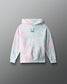 Tie-dye hoodie with a smiley face design on a gray background