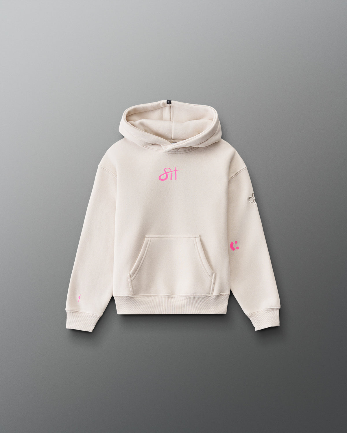 RUDIS Love This Sport Youth Relaxed Comfort Fleece Hoodie in Bone, back view showcasing an oversized bright pink I Love This Sport graphic with RUDIS Wrestling lettering, attached hood, and ribbed hem.