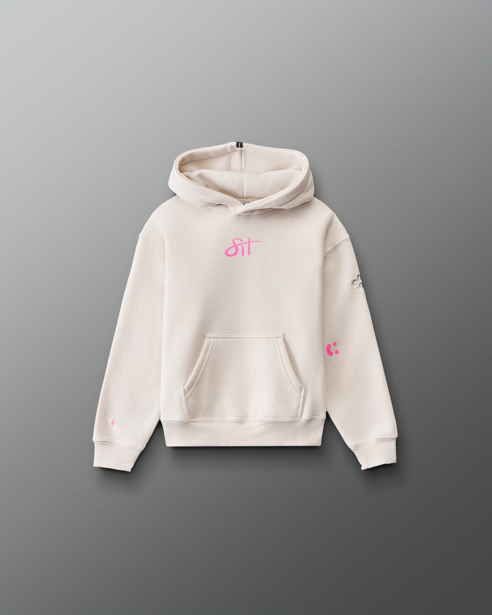 RUDIS Love This Sport Youth Relaxed Comfort Fleece Hoodie in Bone, back view showcasing an oversized bright pink I Love This Sport graphic with RUDIS Wrestling lettering, attached hood, and ribbed hem.
