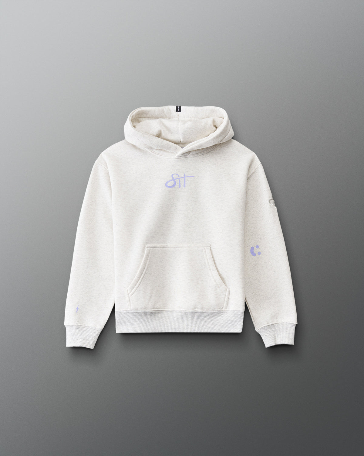 Front view of the RUDIS Love This Sport Youth Relaxed Comfort Fleece Hoodie in Heather Silver, showcasing a lavender chest logo, relaxed fit, kangaroo pocket, and subtle sleeve graphics. Copy Alt Text