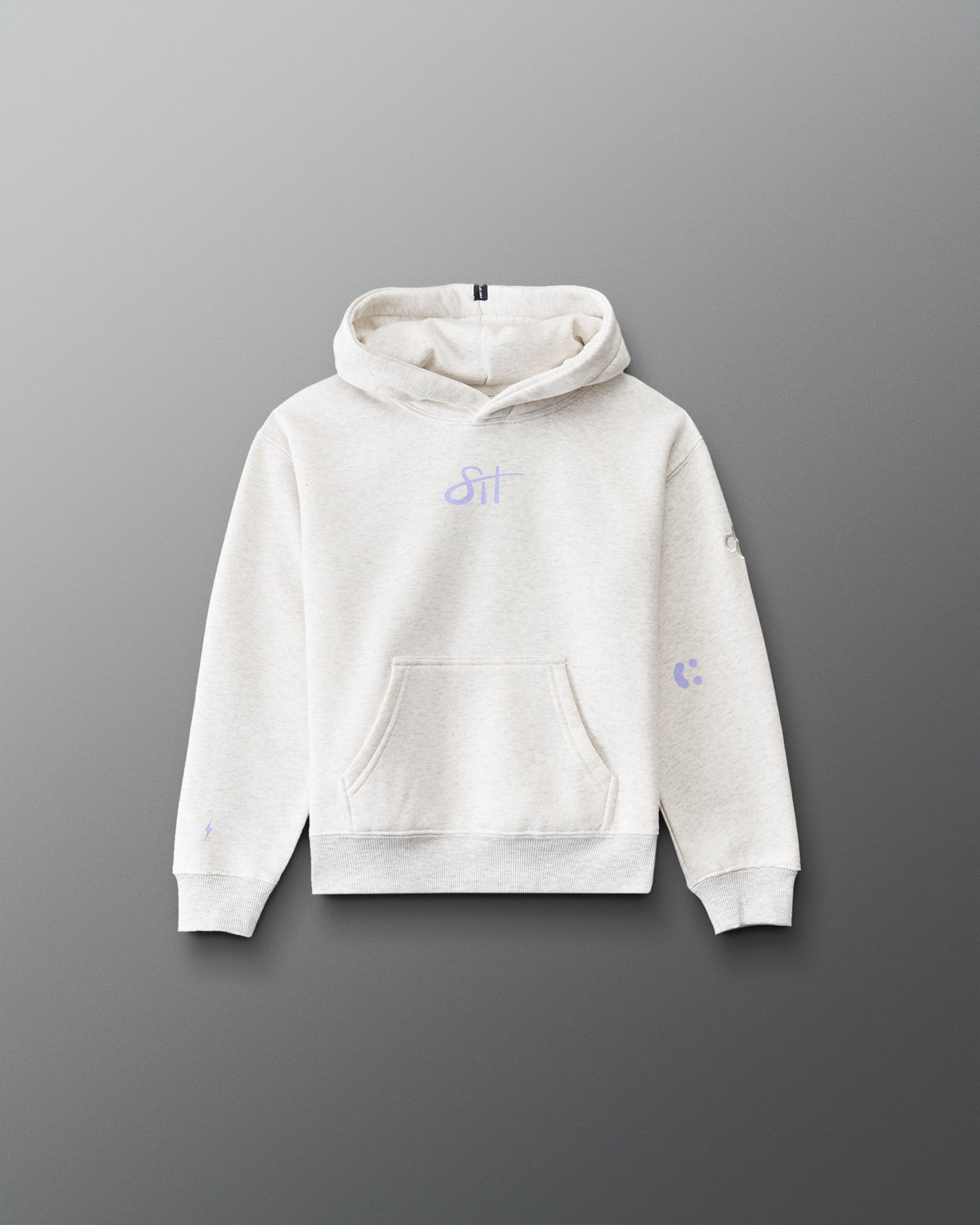 Front view of the RUDIS Love This Sport Youth Relaxed Comfort Fleece Hoodie in Heather Silver, showcasing a lavender chest logo, relaxed fit, kangaroo pocket, and subtle sleeve graphics. Copy Alt Text