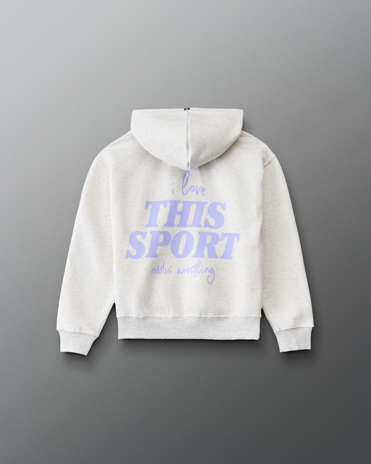 Back view of the RUDIS Love This Sport Youth Relaxed Comfort Fleece Hoodie in Heather Silver, highlighting the bold lavender I Love This Sport wrestling graphic across the back. Copy Alt Text