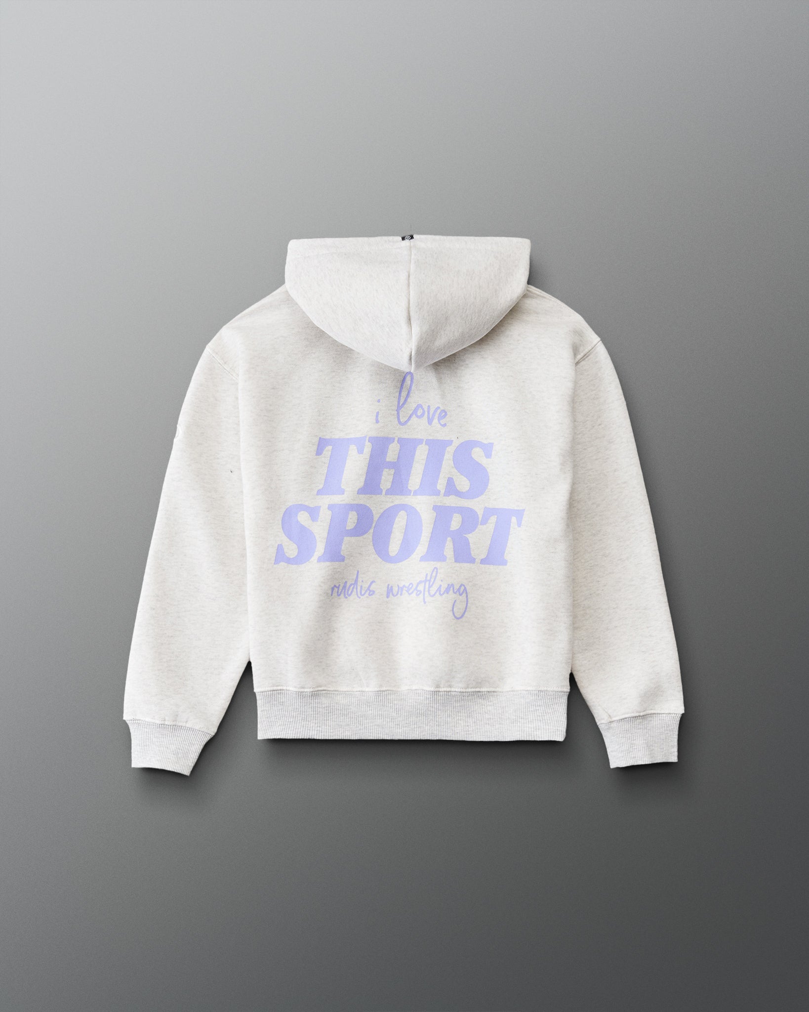 Back view of the RUDIS Love This Sport Youth Relaxed Comfort Fleece Hoodie in Heather Silver, highlighting the bold lavender I Love This Sport wrestling graphic across the back. Copy Alt Text