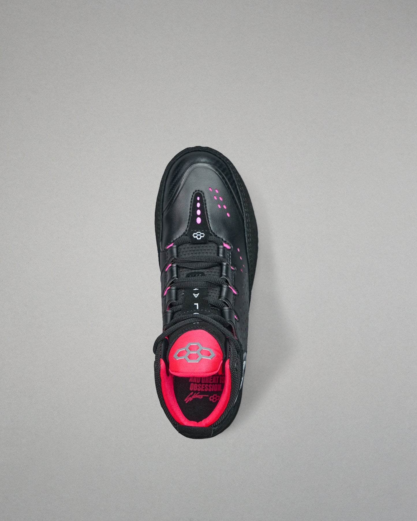Black and pink wrestling shoe on a gray background