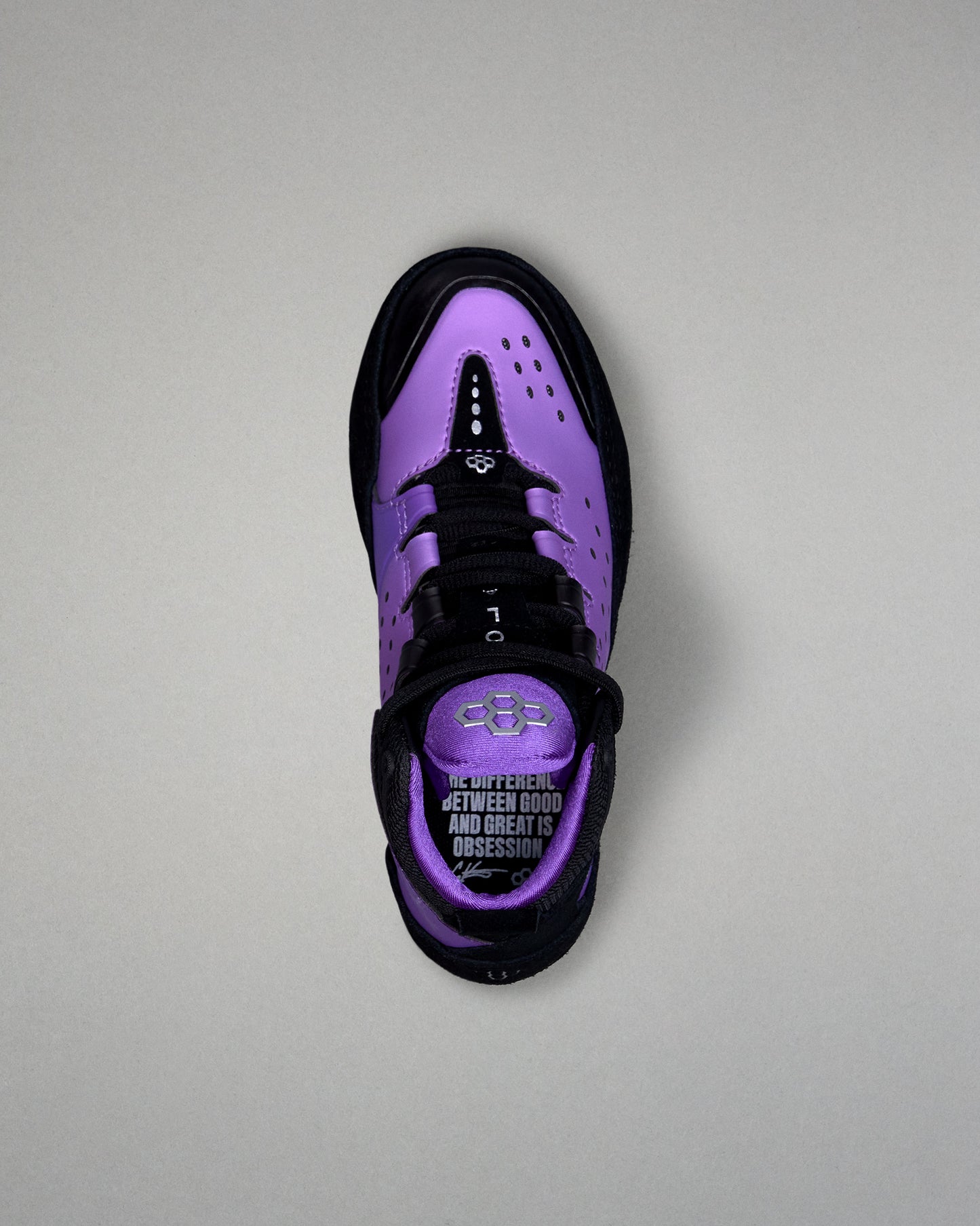 Purple and black wrestling shoe on a gray background