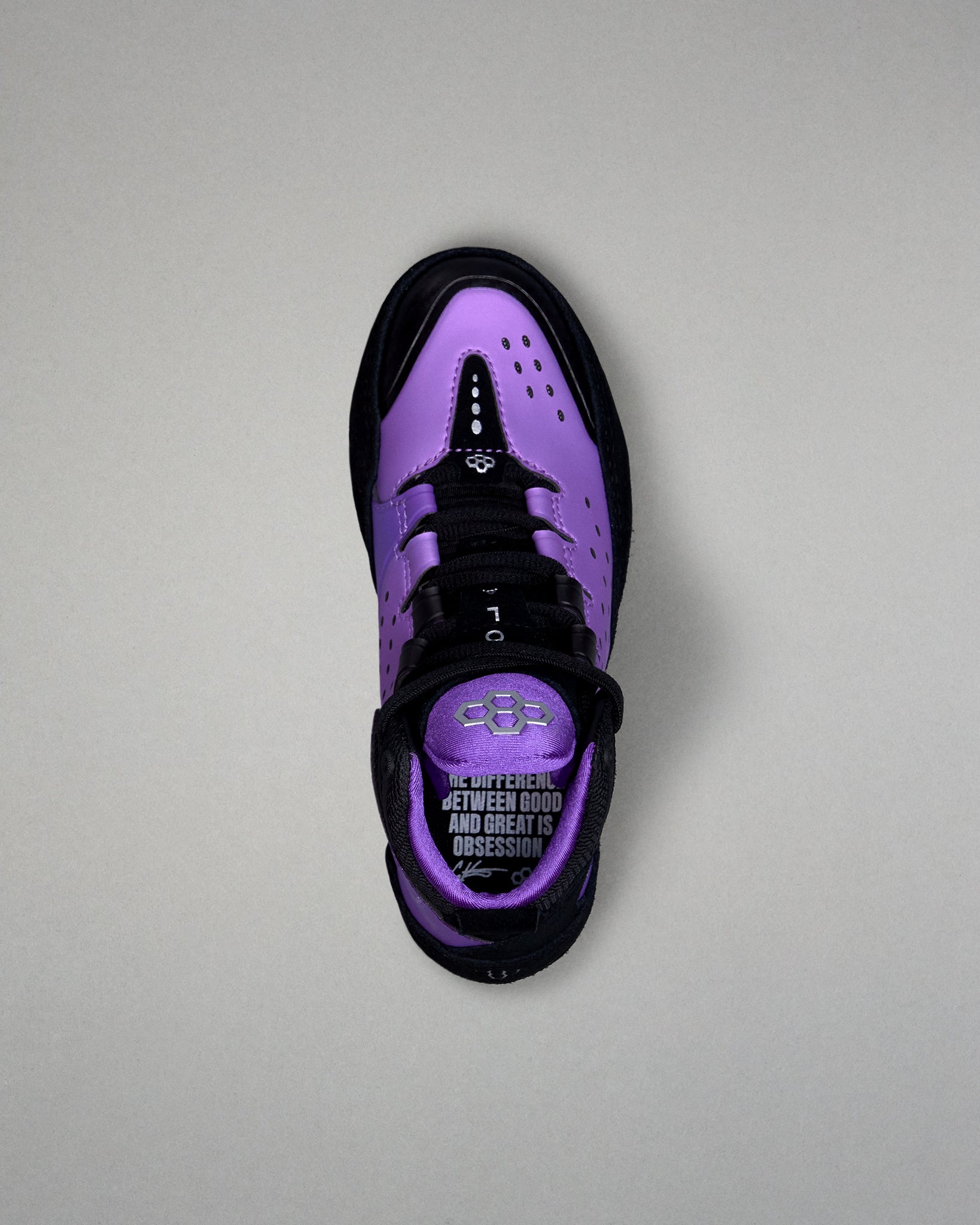 Purple and black wrestling shoe on a gray background