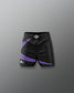 Black shorts with purple accents on a gray background