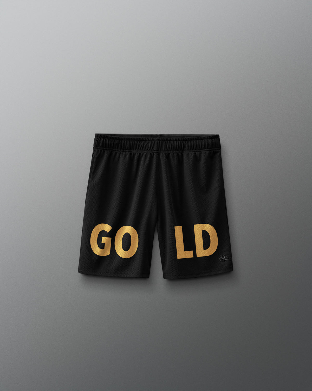 JB Gold Youth 8" 2.0 Mesh Shorts in black featuring oversized metallic gold “GOLD” lettering across the front and a tonal RUDIS logo near the hem.