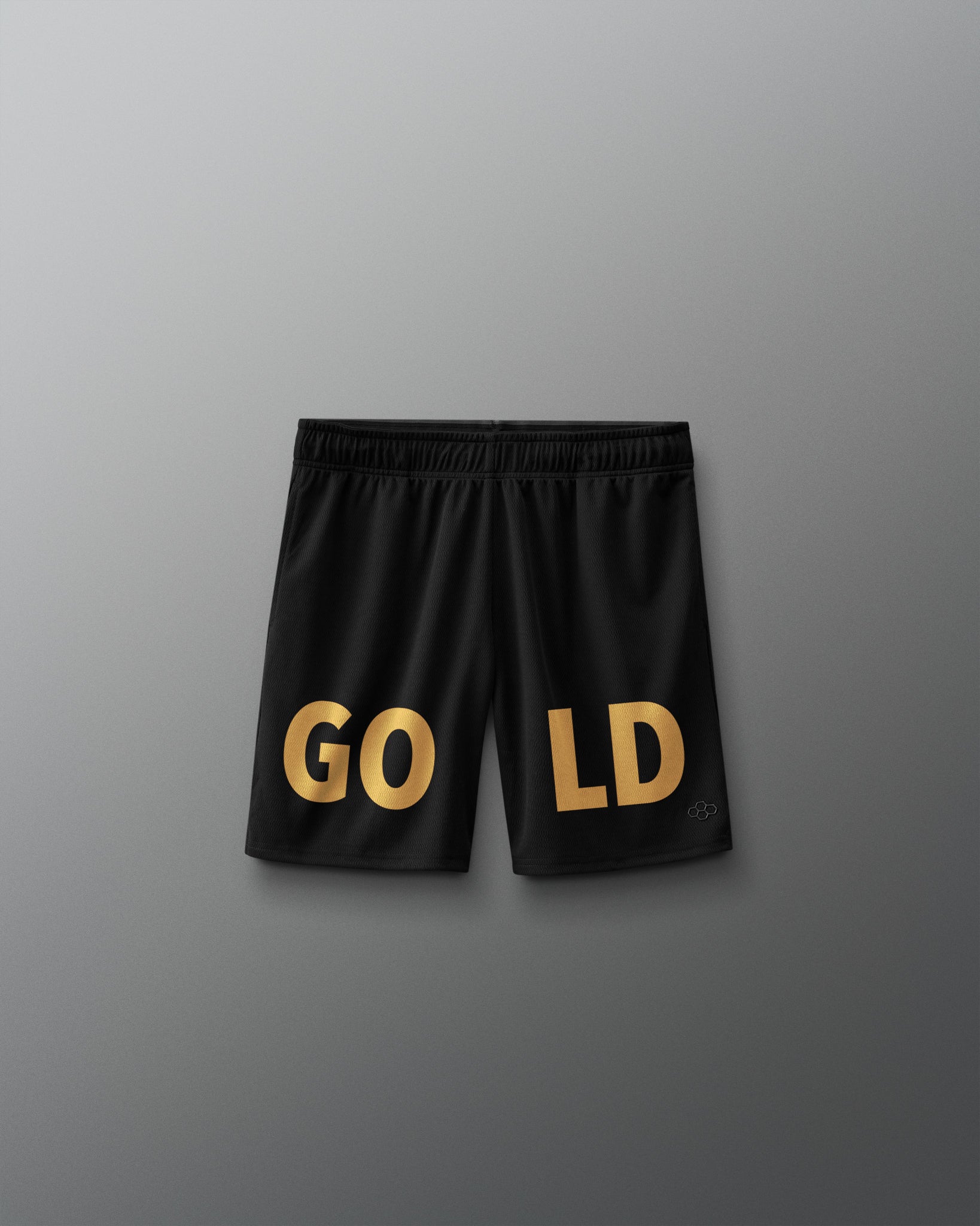 JB Gold Youth 8" 2.0 Mesh Shorts in black featuring oversized metallic gold “GOLD” lettering across the front and a tonal RUDIS logo near the hem.