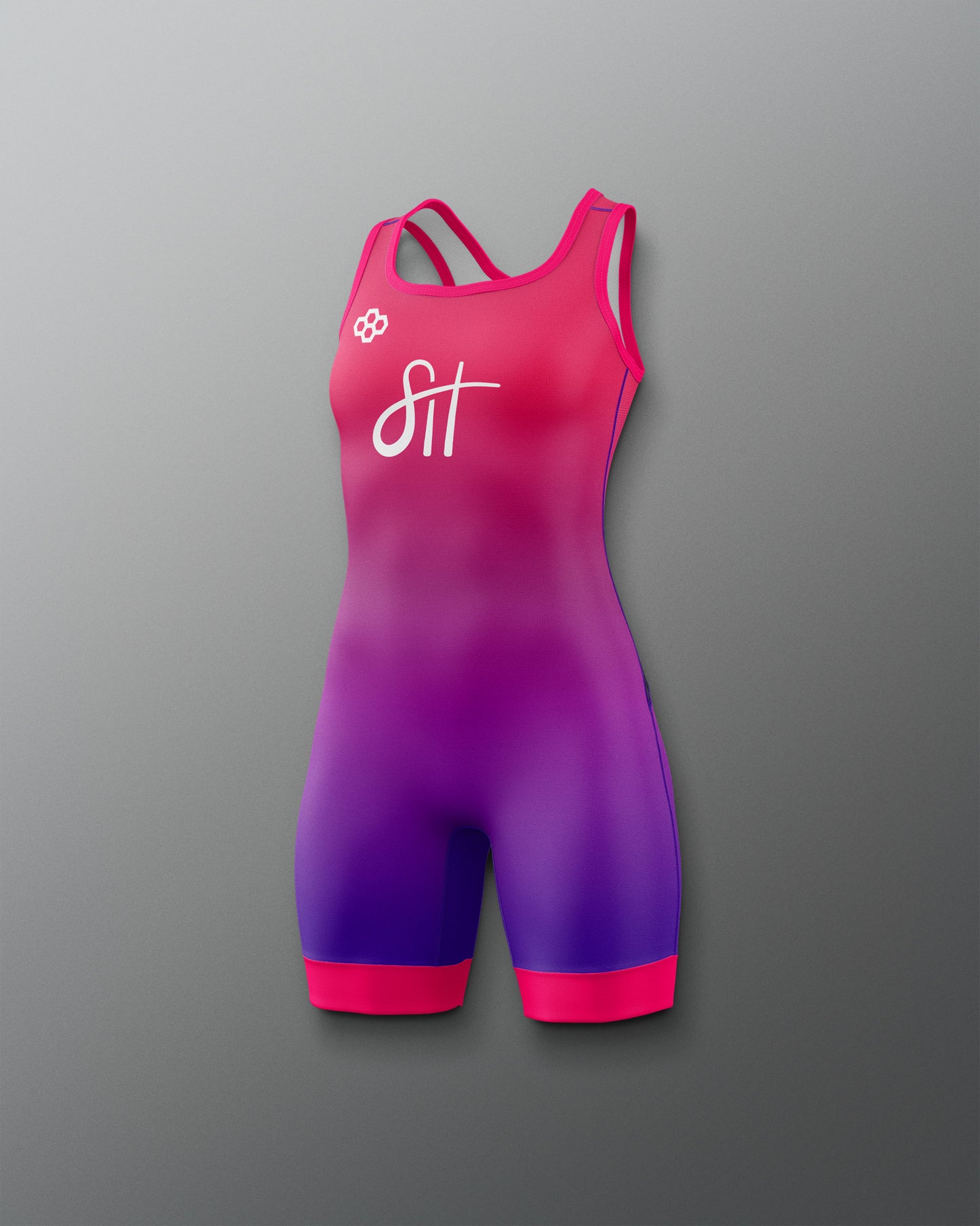 Pink and purple athletic singlet with a logo on a gray background