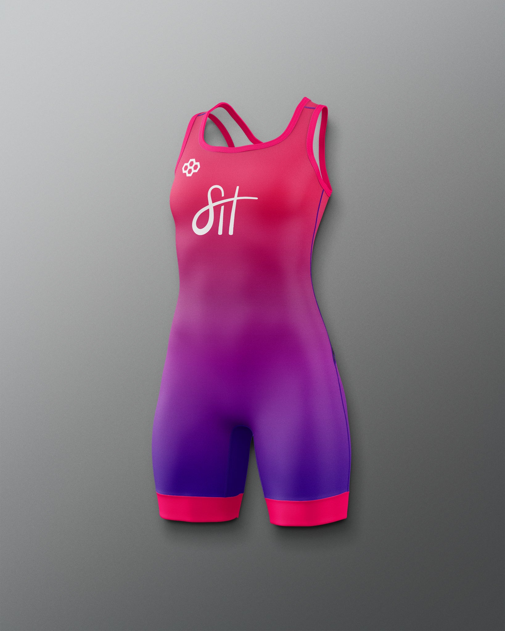 Pink and purple athletic singlet with a logo on a gray background