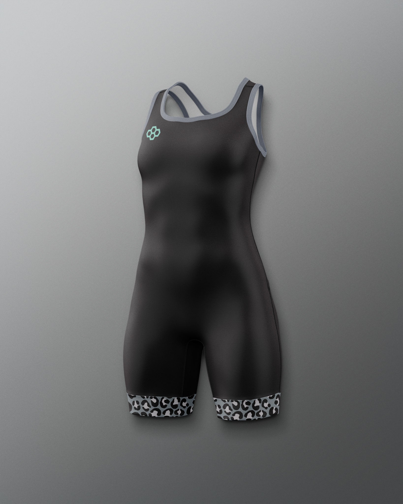 A black one-piece athletic Wrestling singlet with gray shoulder straps and patterned black-and-white cuffs at the legs, shown on a neutral gray background.