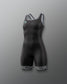 A black one-piece athletic Wrestling singlet with gray shoulder straps and patterned black-and-white cuffs at the legs, shown on a neutral gray background.