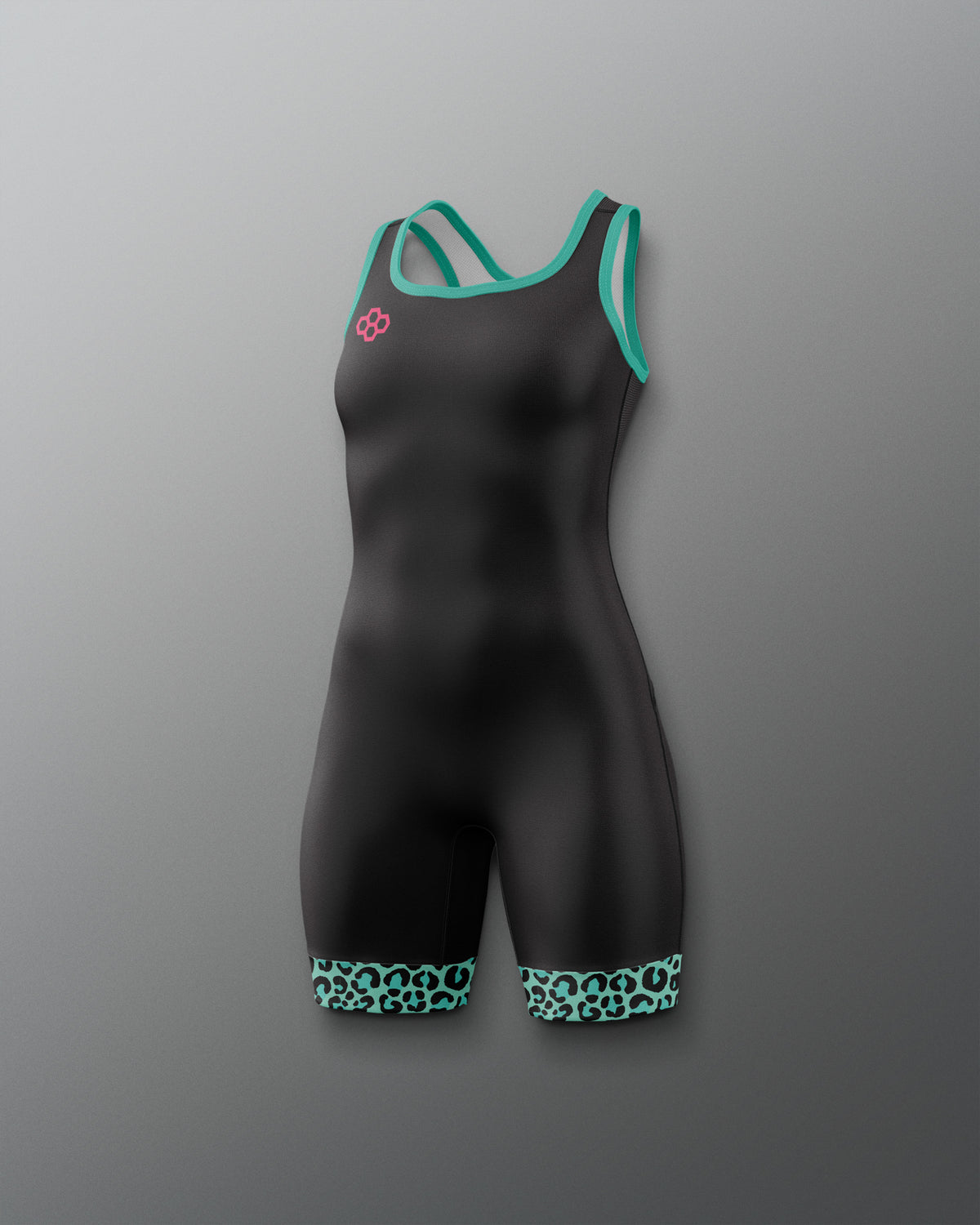 A black one-piece athletic Wrestling singlet with teal trim along the neckline and leg cuffs, featuring a small pink logo on the chest and a teal leopard-print pattern at the bottom of the legs, shown against a neutral gray background.