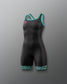 A black one-piece athletic Wrestling singlet with teal trim along the neckline and leg cuffs, featuring a small pink logo on the chest and a teal leopard-print pattern at the bottom of the legs, shown against a neutral gray background.