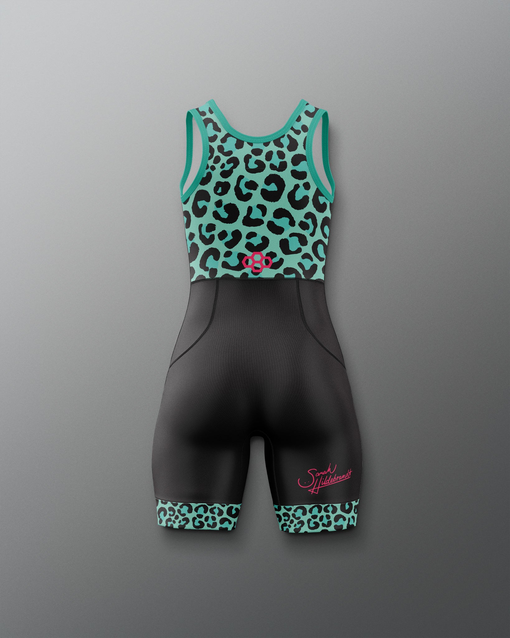 A women's Wrestling singlet featuring a black and teal leopard print , with a pink embroidered logo on the chest and a pink script logo on the leg.