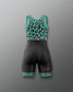 A women's Wrestling singlet featuring a black and teal leopard print , with a pink embroidered logo on the chest and a pink script logo on the leg.
