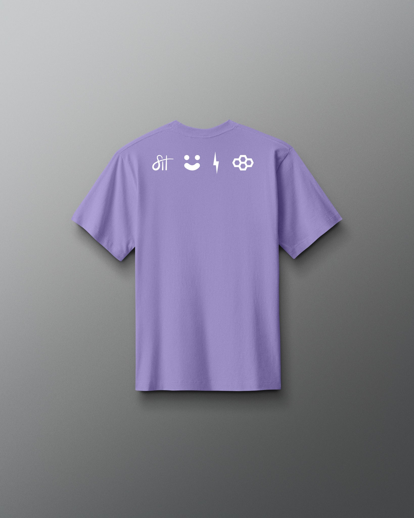 Purple t-shirt with white icons on the back against a gray background