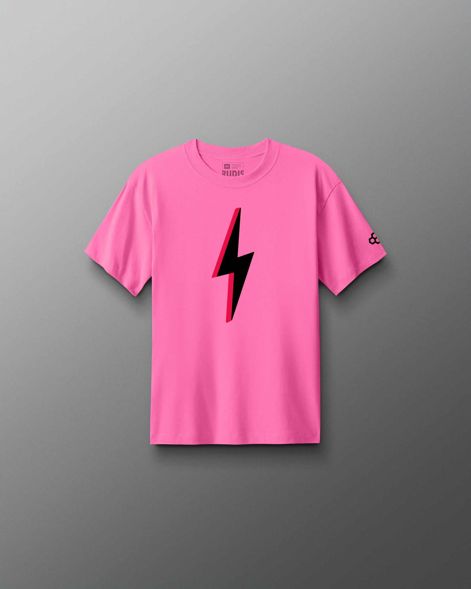 Pink t-shirt with a black lightning bolt design on a gray background