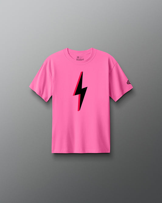 Pink t-shirt with a black lightning bolt design on a gray background