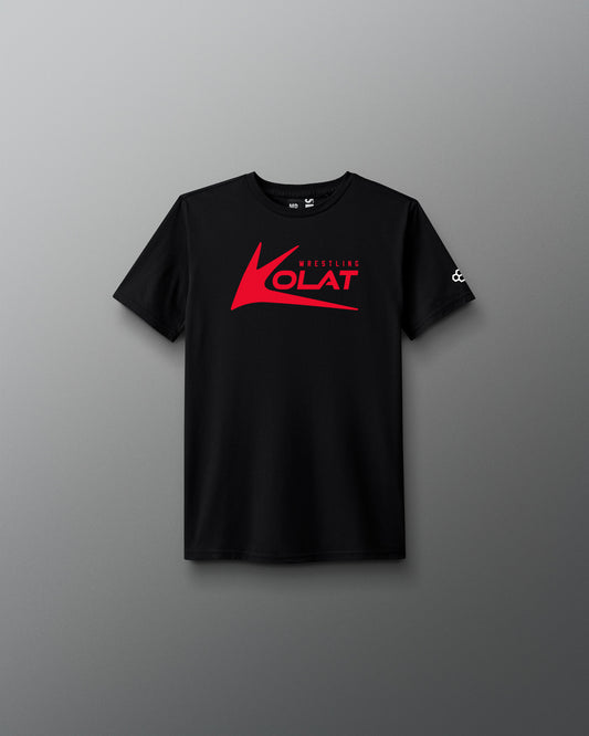 Black t-shirt with red Kolat logo on a gray background