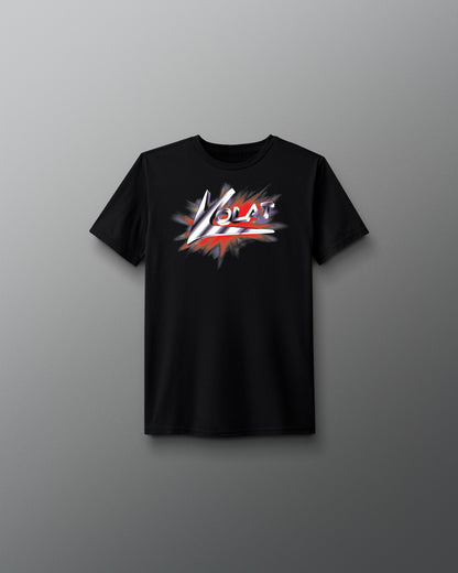 Black t-shirt with a colorful graphic design on a gray background