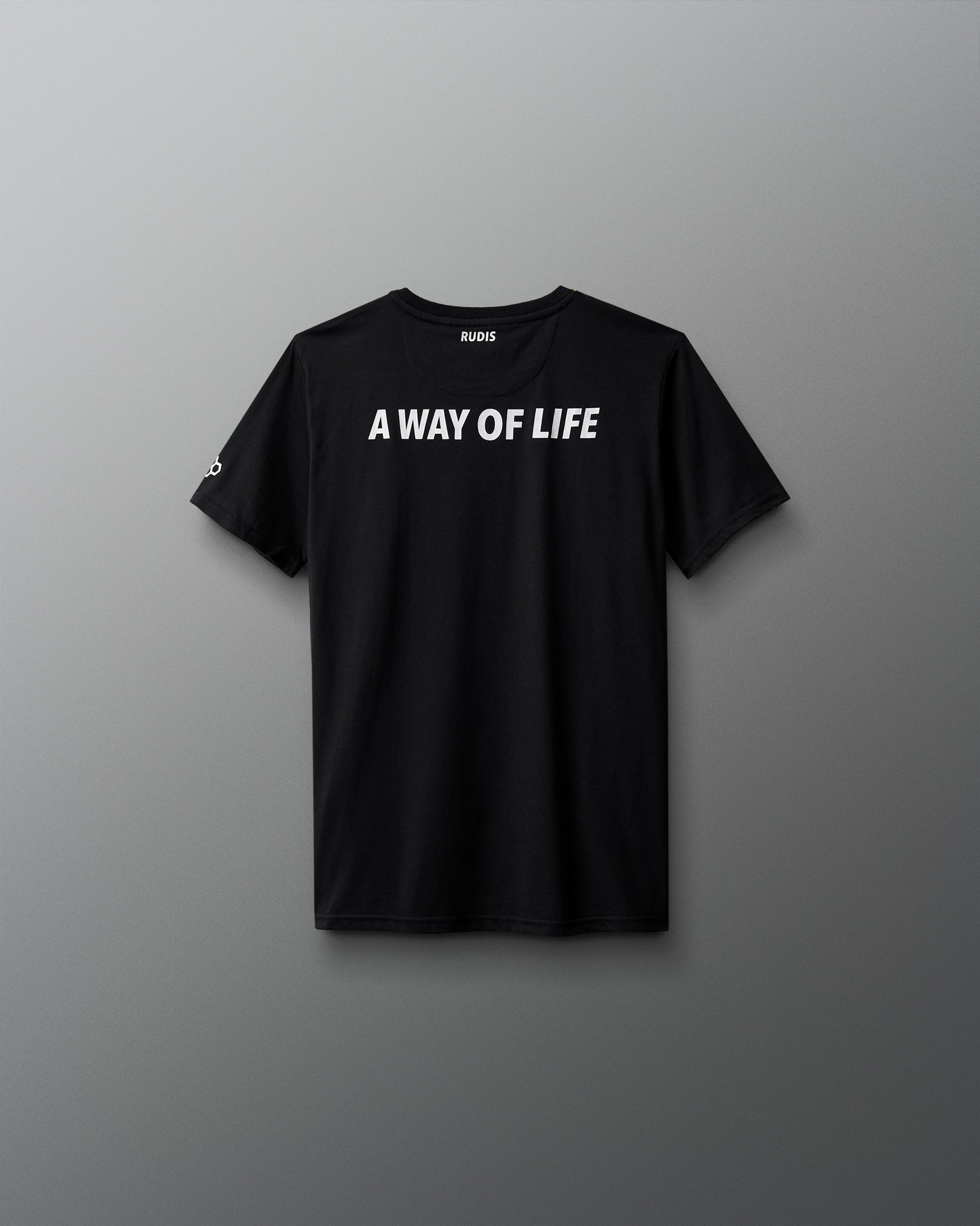 Black t-shirt with 'A Way of Life' text on a gray background