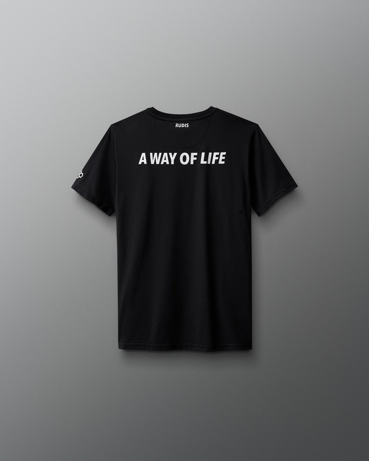 Black t-shirt with 'A Way of Life' text on a gray background