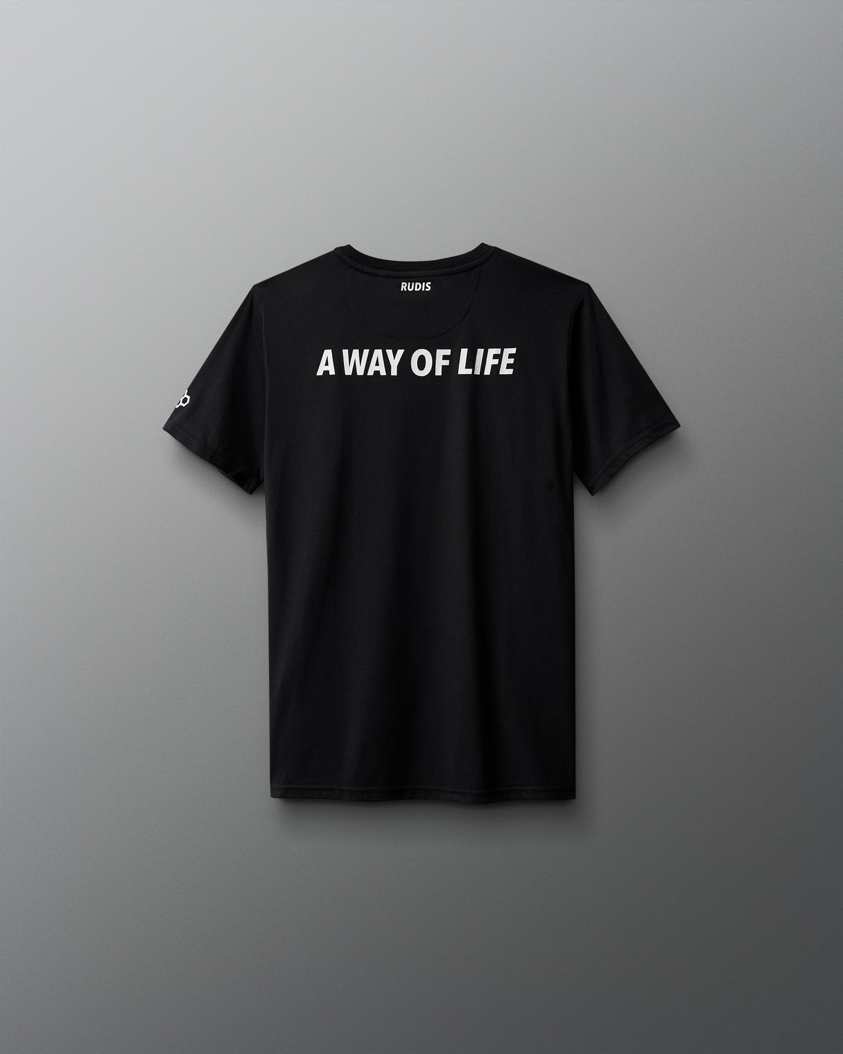 Black t-shirt with 'A Way of Life' text on a gray background