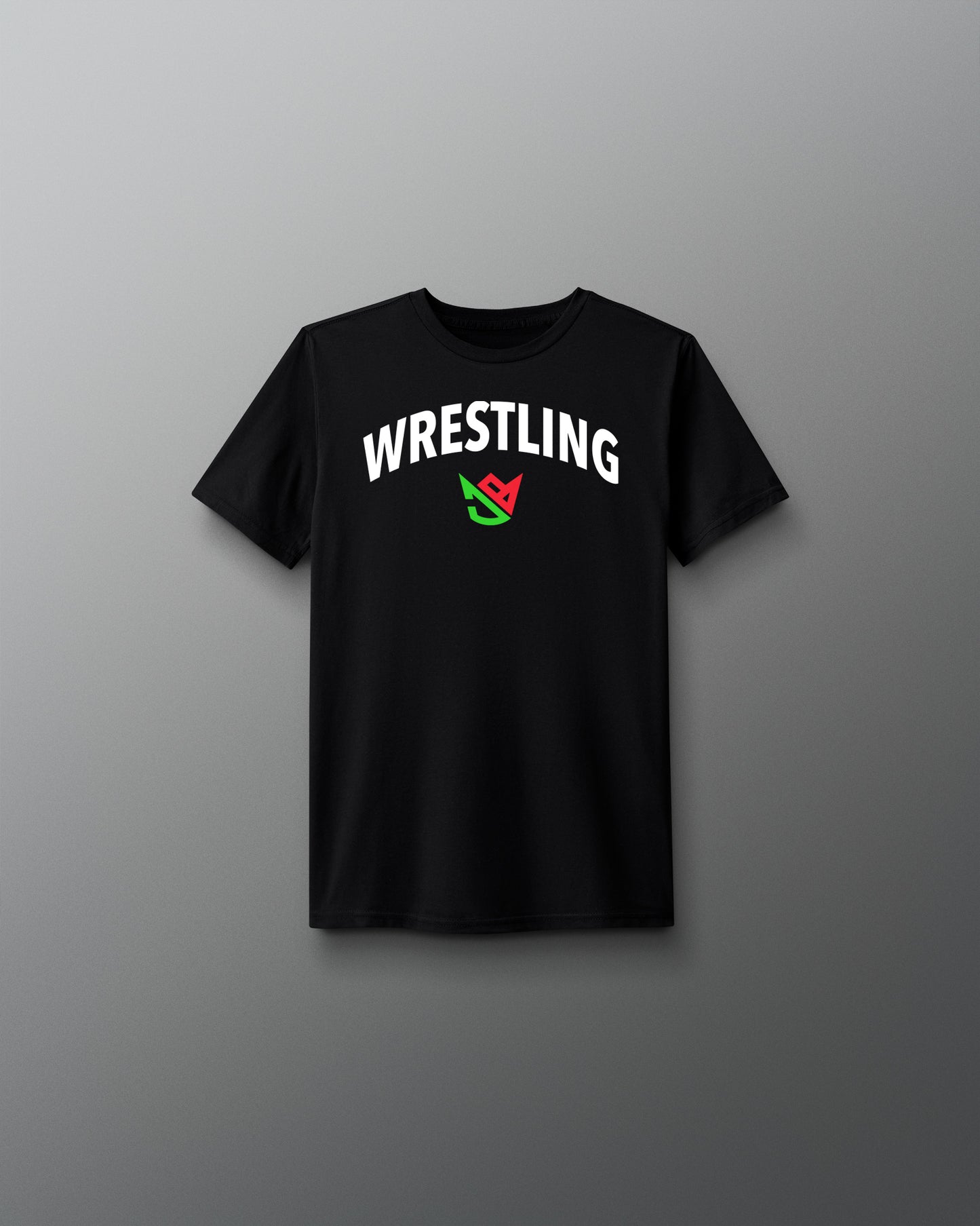 Black t-shirt with 'Wrestling' text and graphic on a gray background