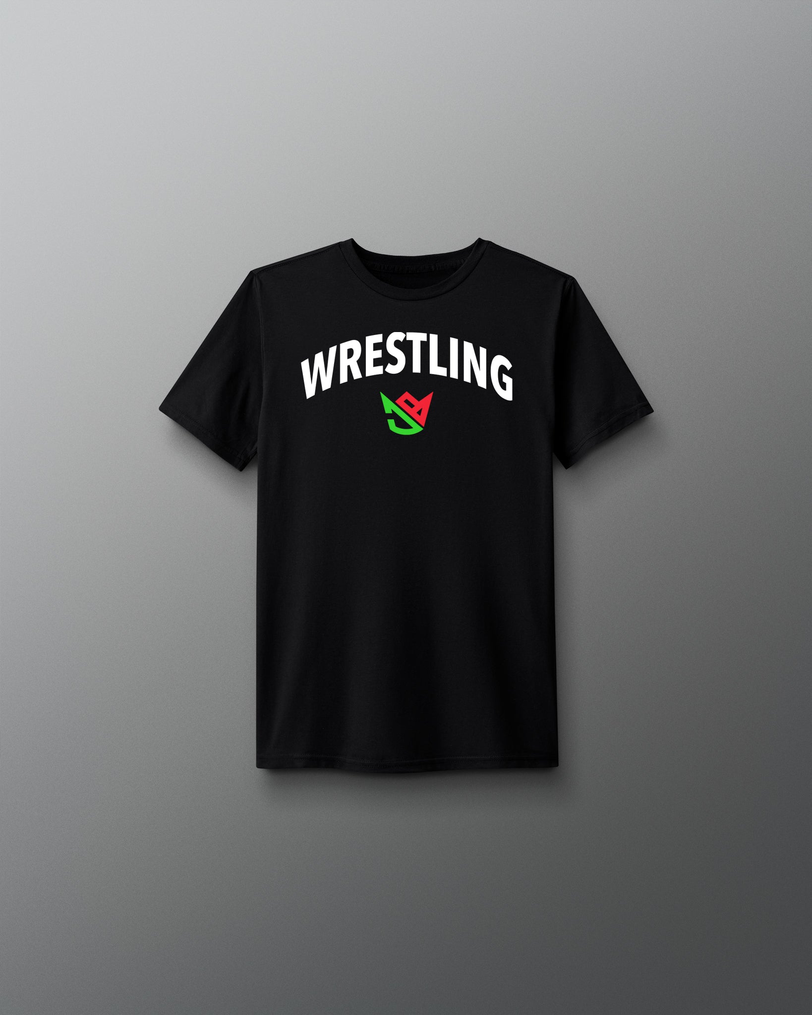 Black t-shirt with 'Wrestling' text and graphic on a gray background