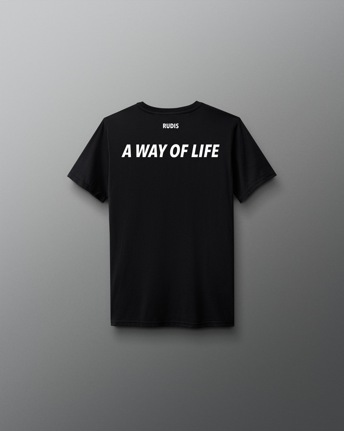 Black t-shirt with 'A Way of Life' text on a gray background