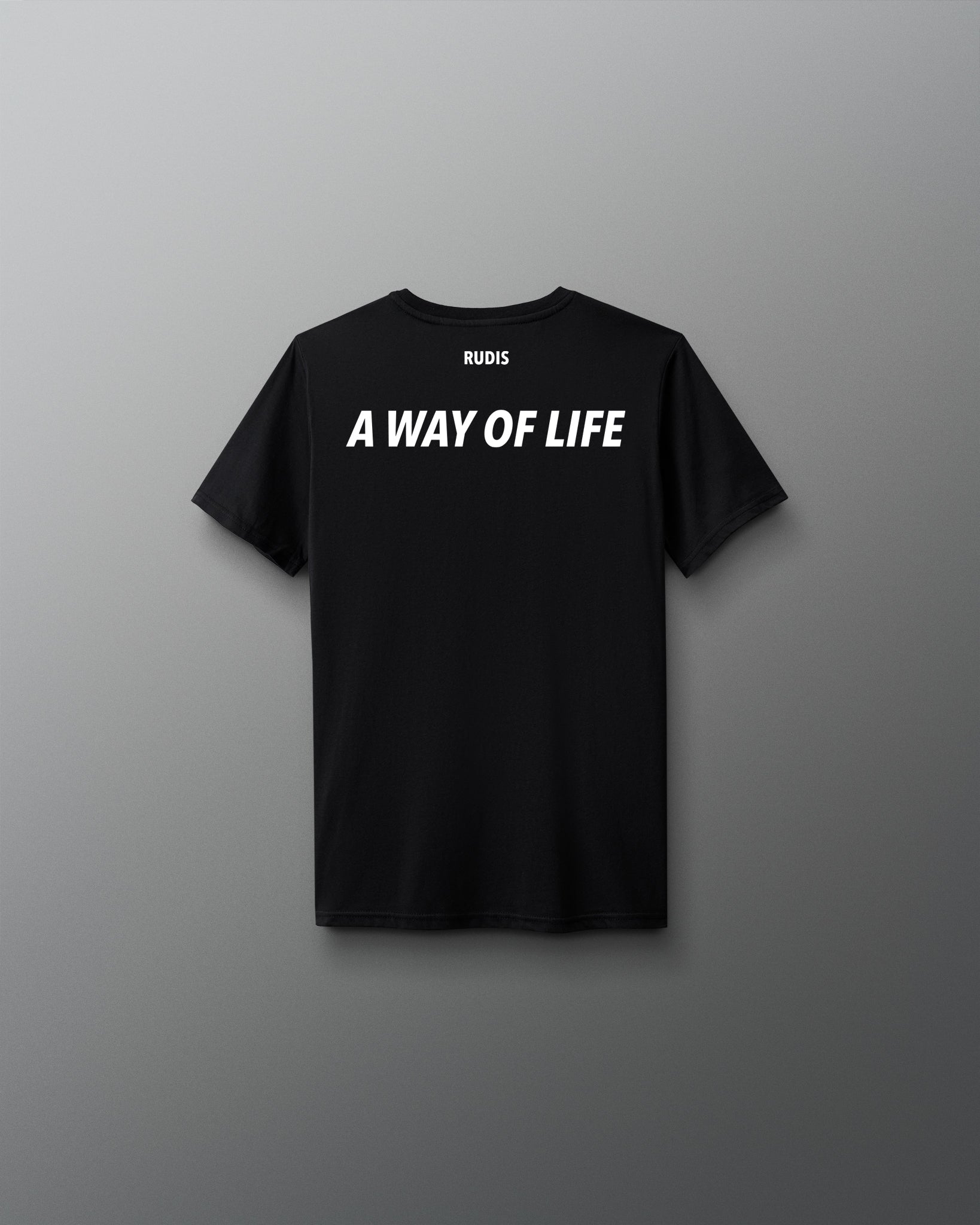 Black t-shirt with 'A Way of Life' text on a gray background
