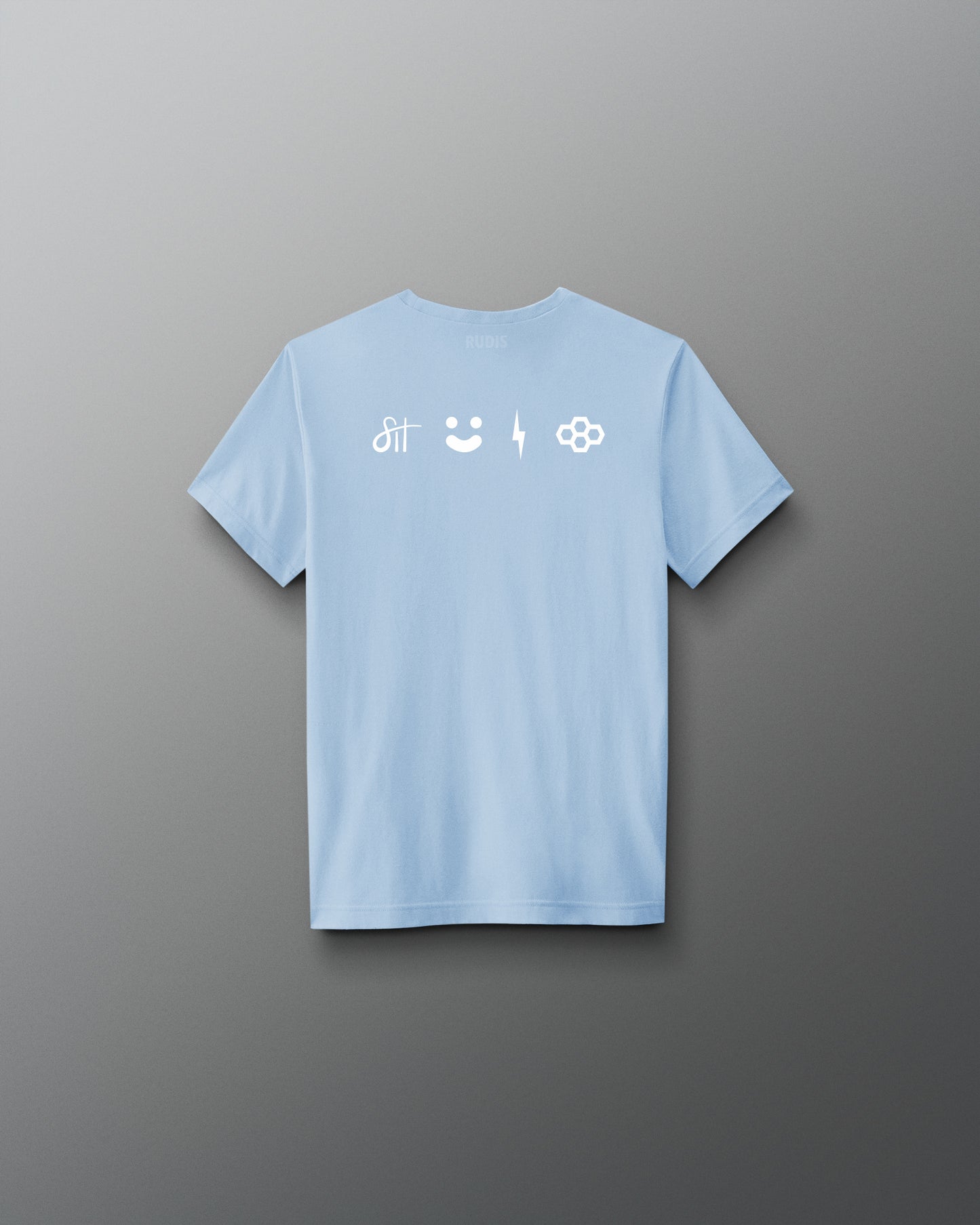 Light blue t-shirt with white icons on the back against a gray background