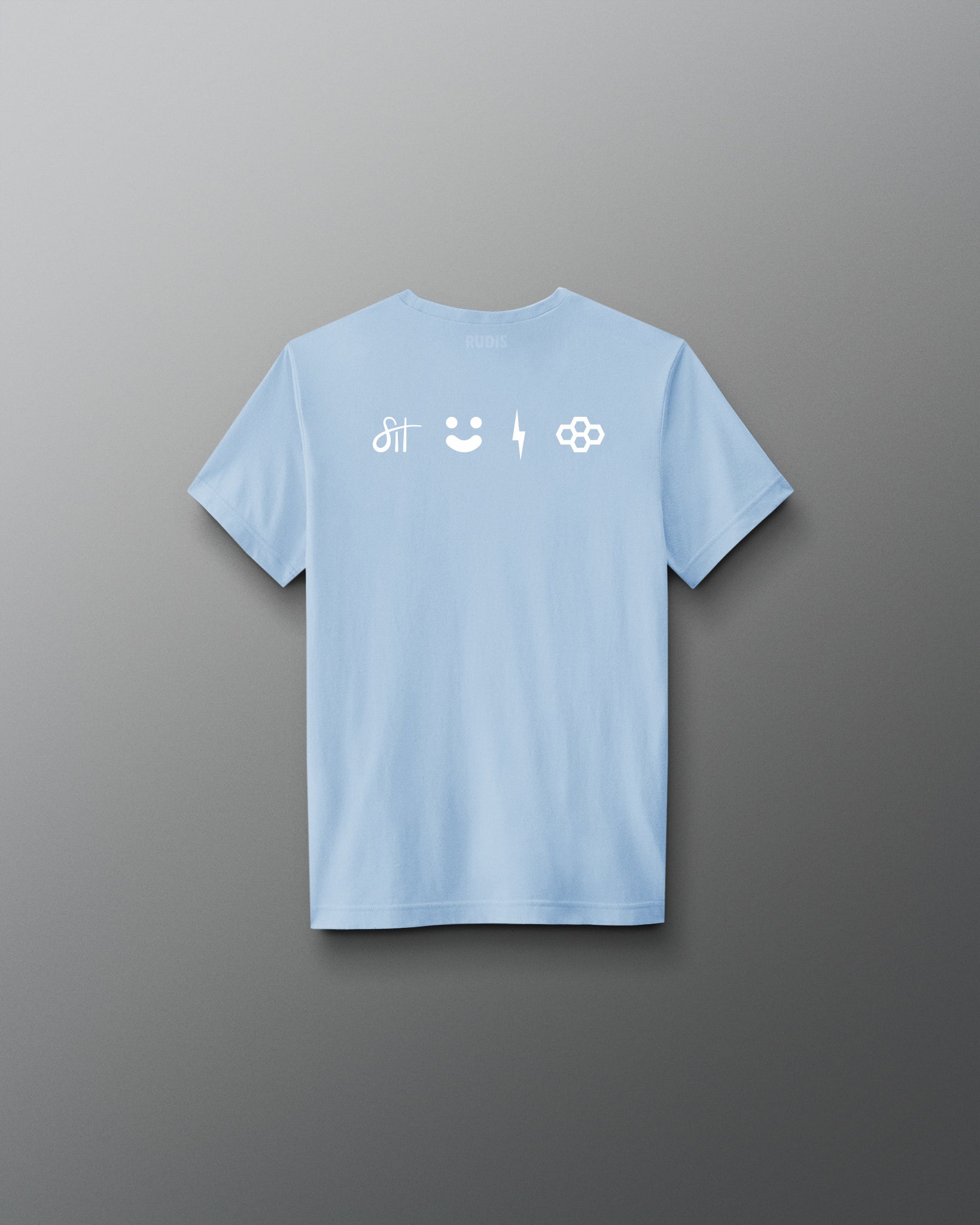 Light blue t-shirt with white icons on the back against a gray background