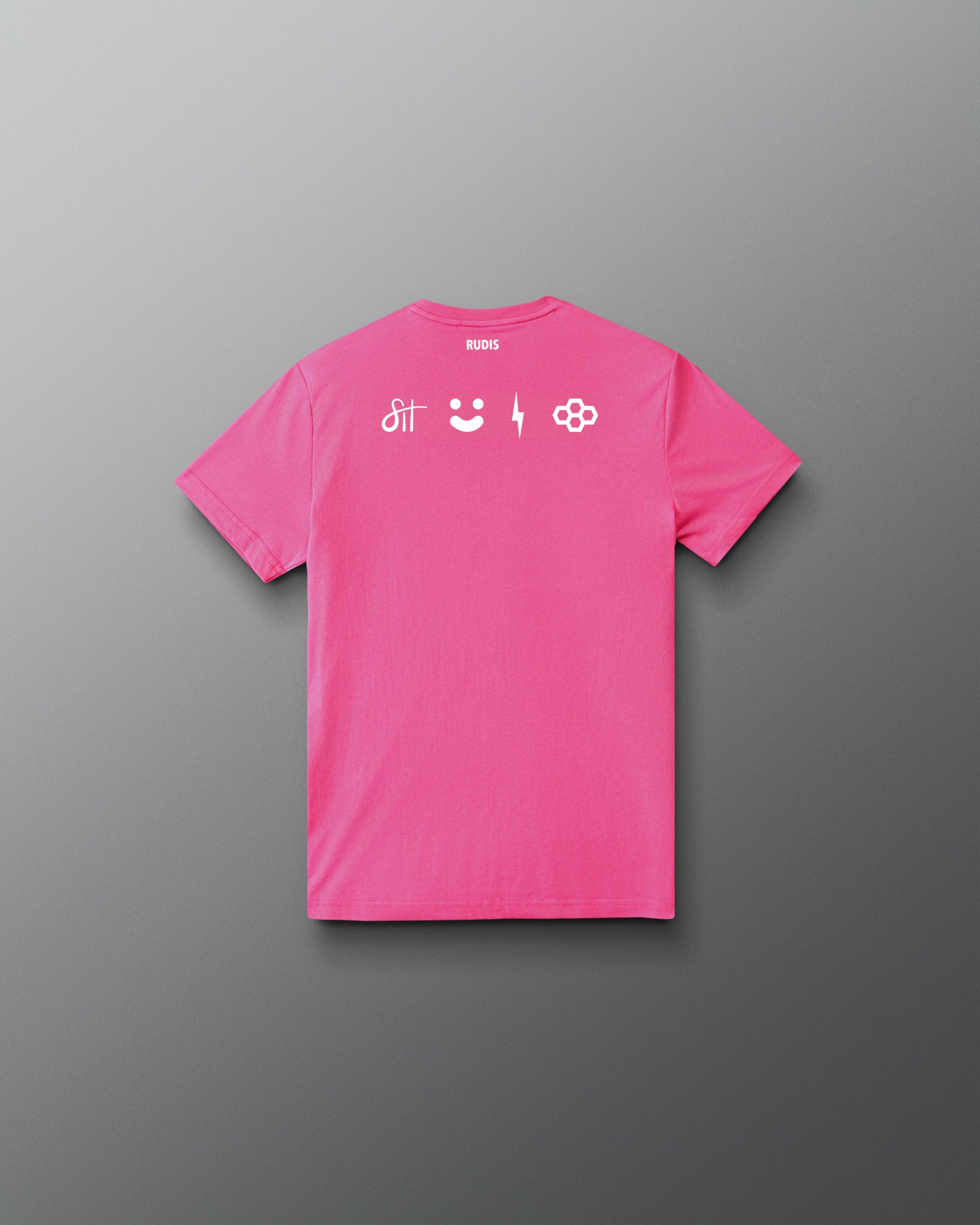 A bright pink short-sleeve t-shirt shown from the back, featuring four small white graphic symbols across the upper back, displayed on a clean gray gradient background.