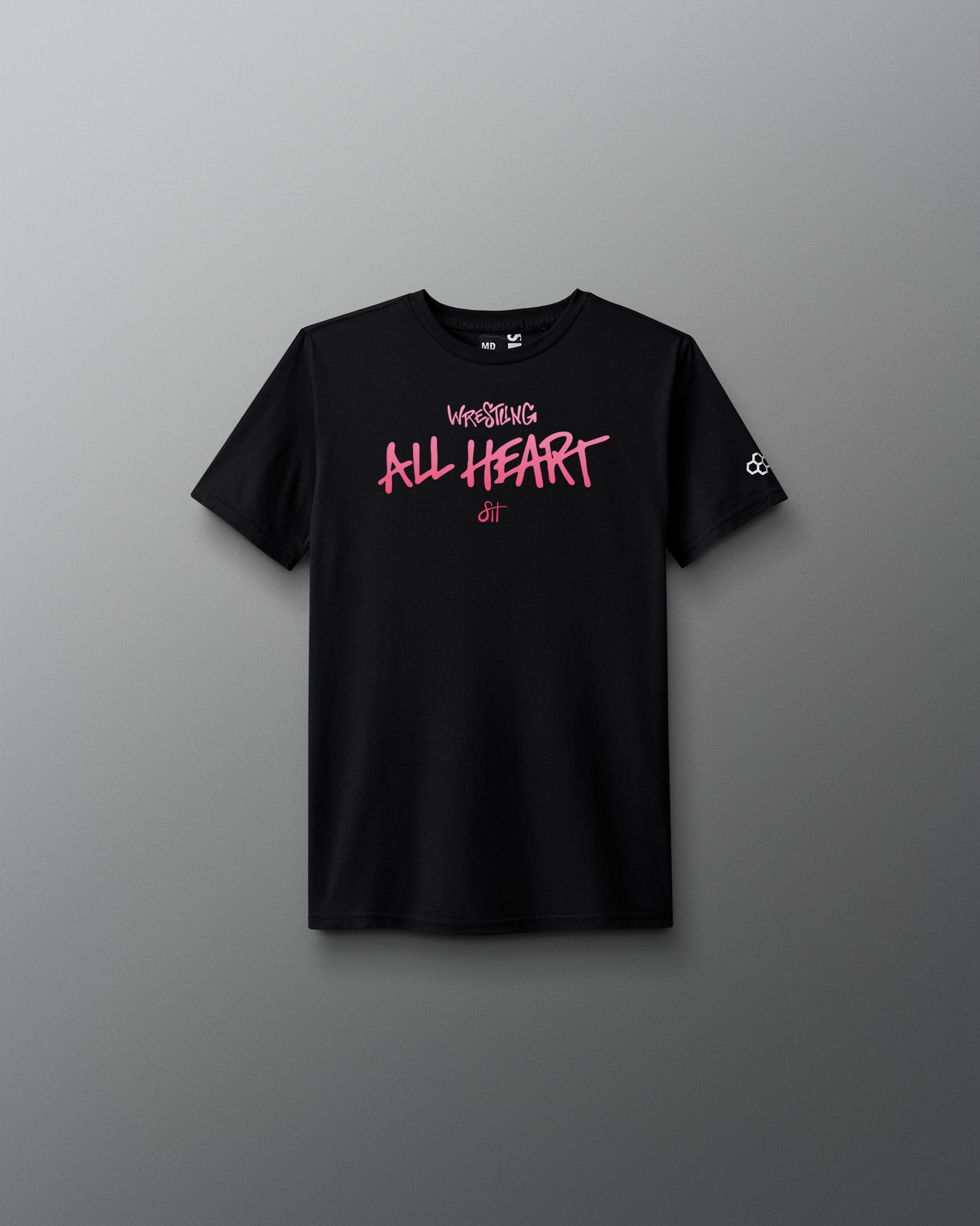 Black t-shirt with pink text on a gray background