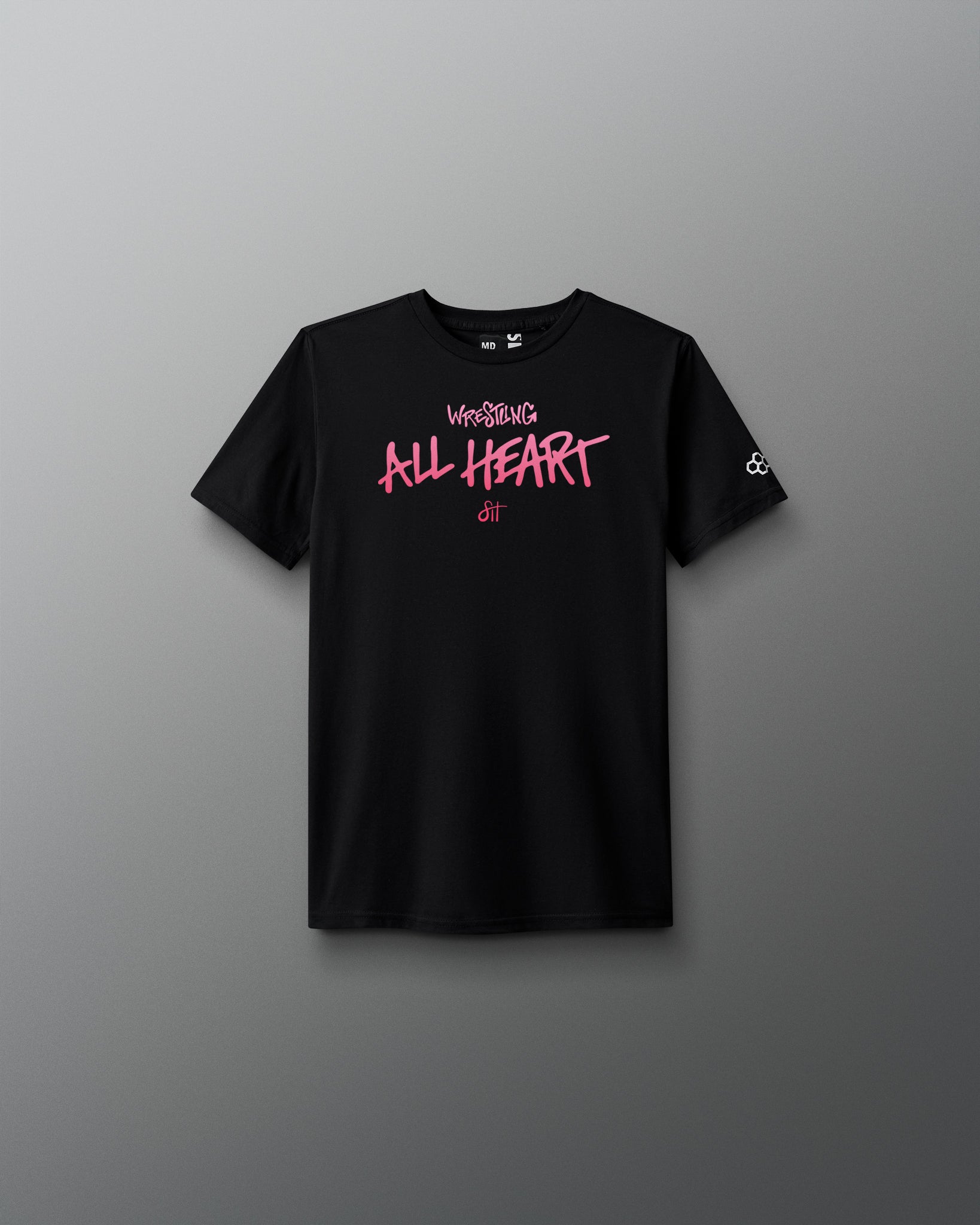 Black t-shirt with pink text on a gray background